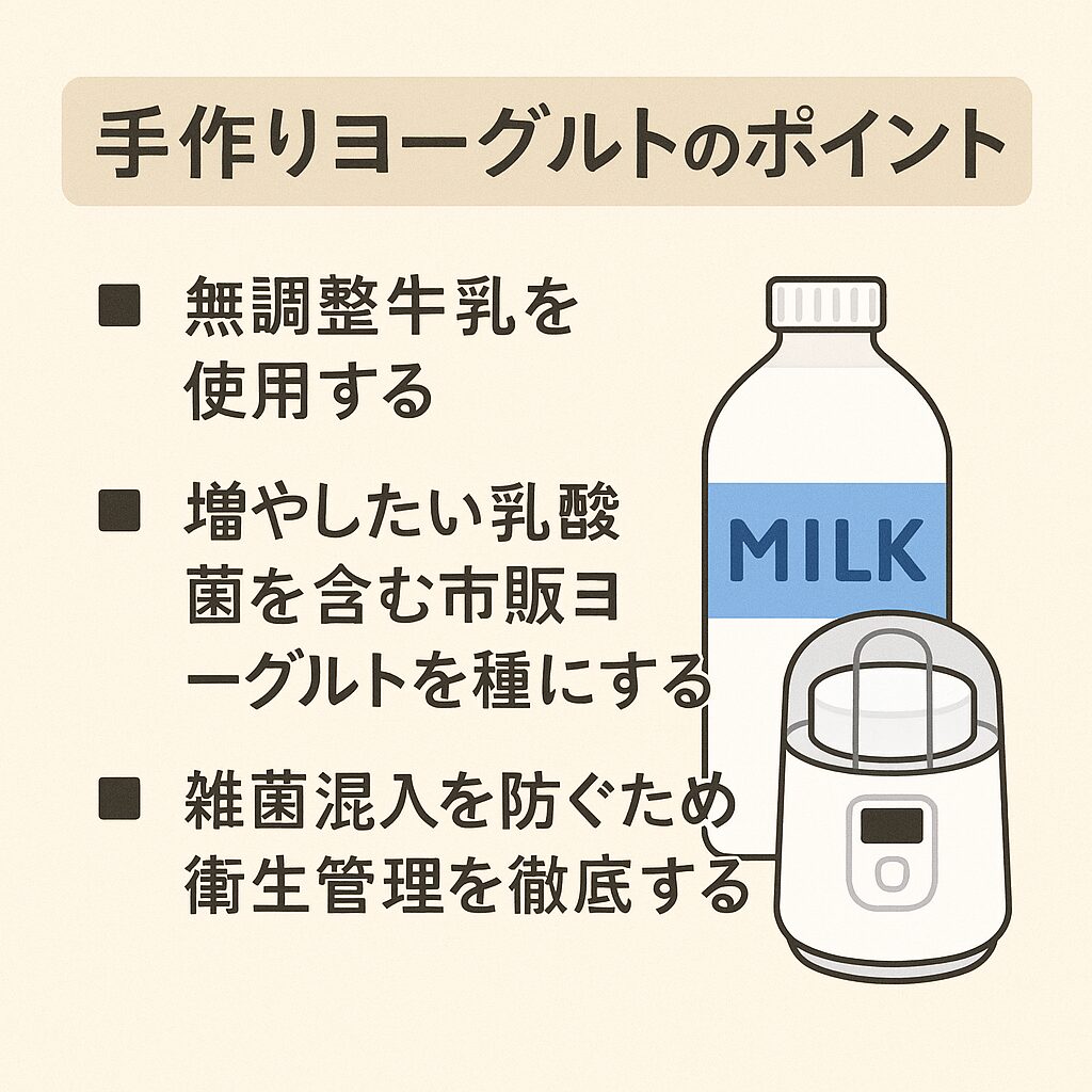手作りヨーグルトのポイントを示す図解。「無調整牛乳を使用する」「市販ヨーグルトを種にする」「雑菌混入を防ぐため衛生管理を徹底する」と記載され、牛乳瓶とヨーグルトメーカーのイラストが添えられている。
