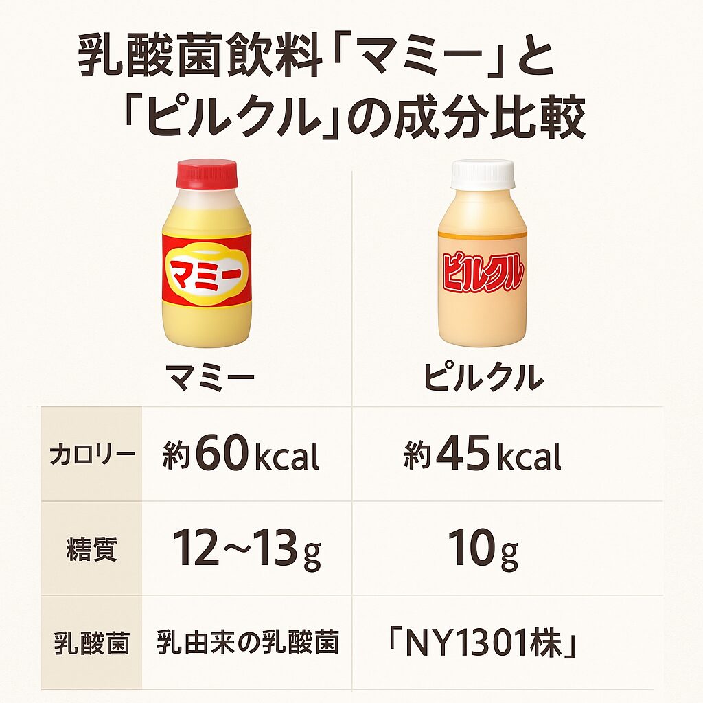 乳酸菌飲料 マミーとピルクルの成分比較(カロリー・糖質・乳酸菌の違い)
