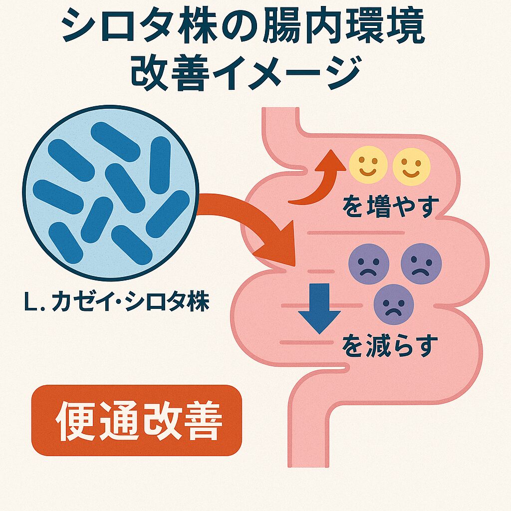 シロタ株が腸内環境を改善するイメージ図。善玉菌を増やし悪玉菌を減らす働きを矢印で示し、「便通改善」と強調している。