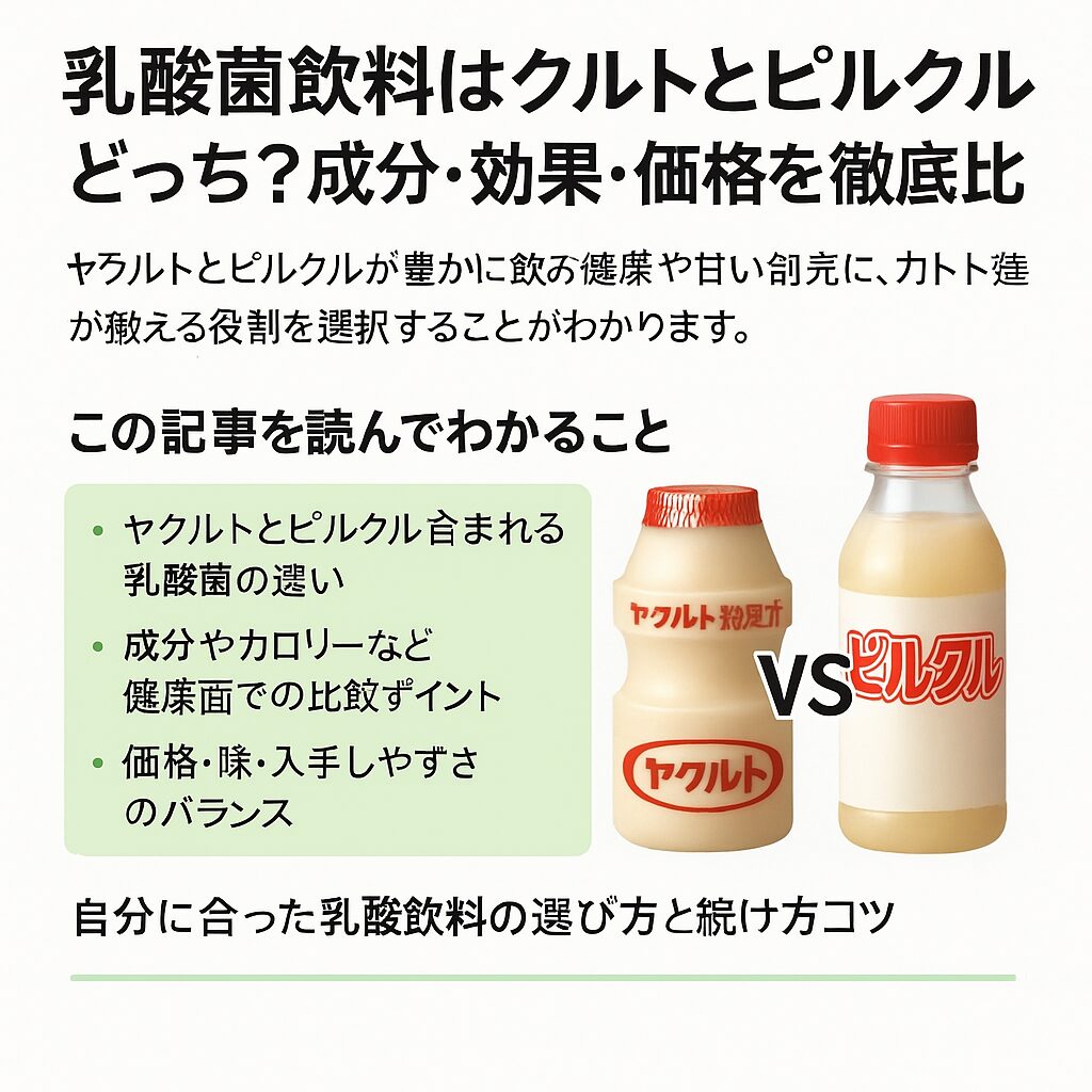 ヤクルトとピルクルを比較する日本語インフォグラフィック。白背景に緑のアクセント、2本の乳酸菌飲料ボトルを並べ、成分・効果・価格・味・継続のポイントなどを簡潔に紹介。