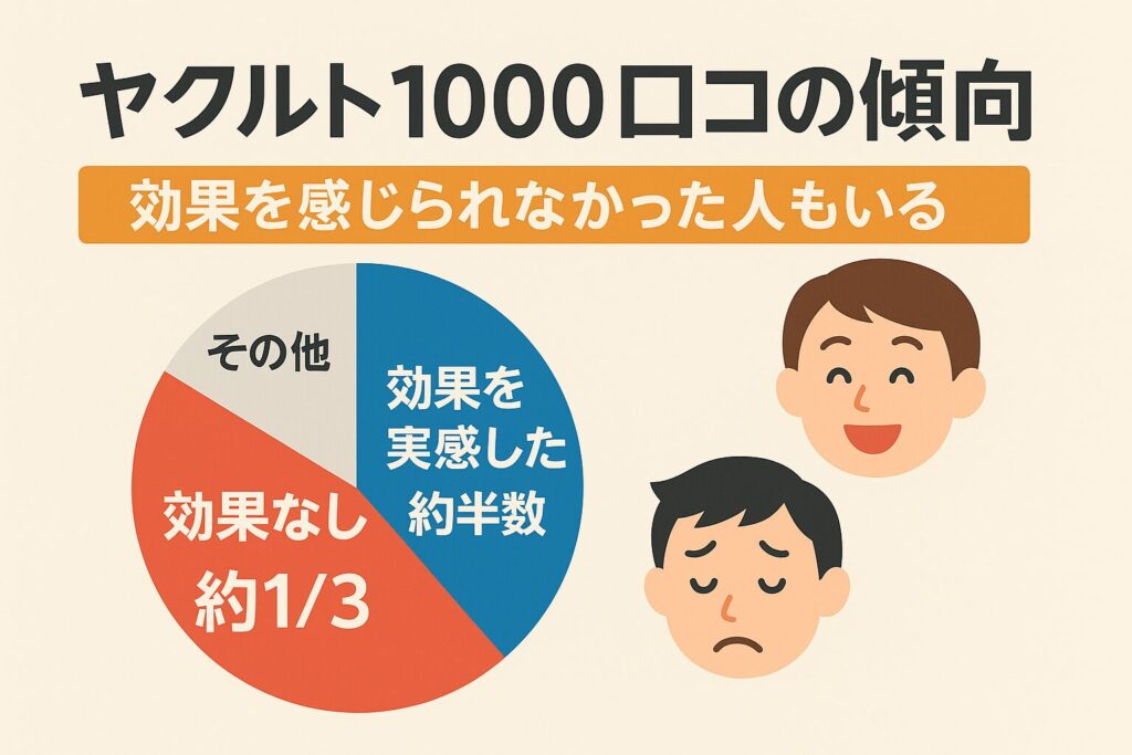 ヤクルト1000の口コミ傾向を示すインフォグラフィック。円グラフで「効果を実感：約半数」「効果なし：約1/3」「その他」などを表現。右側に笑顔と困り顔のイラスト。背景は清潔感のあるベージュ