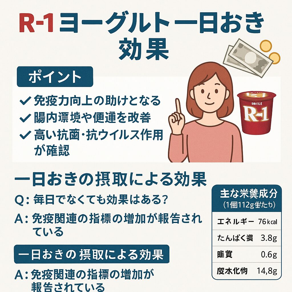 R-1ヨーグルトと納豆・キムチ・味噌汁などの発酵食品を組み合わせて腸活を行うイメージイラスト。