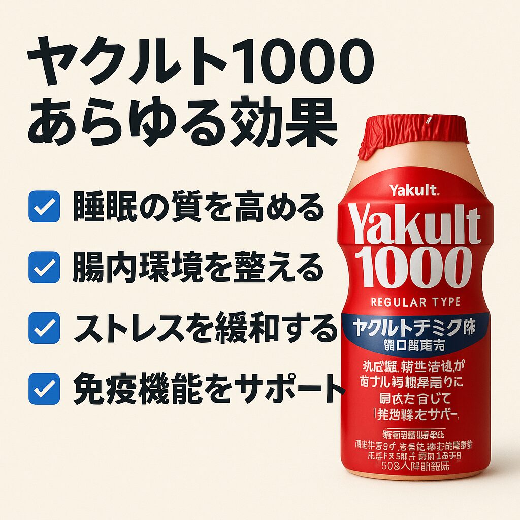 ヤクルト1000の効果を紹介する画像。赤いヤクルト1000のボトルと共に「睡眠の質を高める」「腸内環境を整える」「ストレスを緩和する」「免疫機能をサポート」