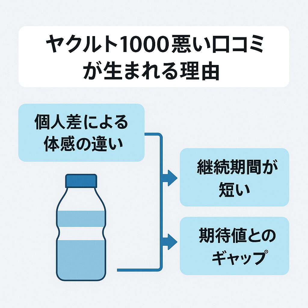 ヤクルト1000の悪い口コミが生まれる理由を示す図解。左に乳酸菌飲料のボトル、右に「個人差による体感の違い」「継続期間が短い」「期待値とのギャップ」と3つの要因が矢印で示されている。