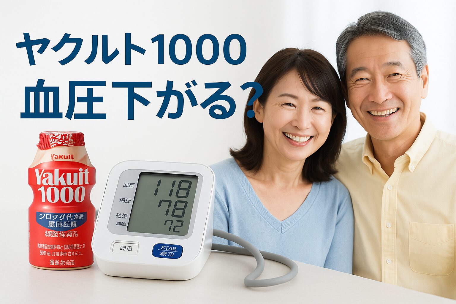 ヤクルト1000と血圧の関係をわかりやすく伝えるためのアイキャッチ。血圧計と笑顔の中高年夫婦を配置し、健康イメージを強調したデザイン