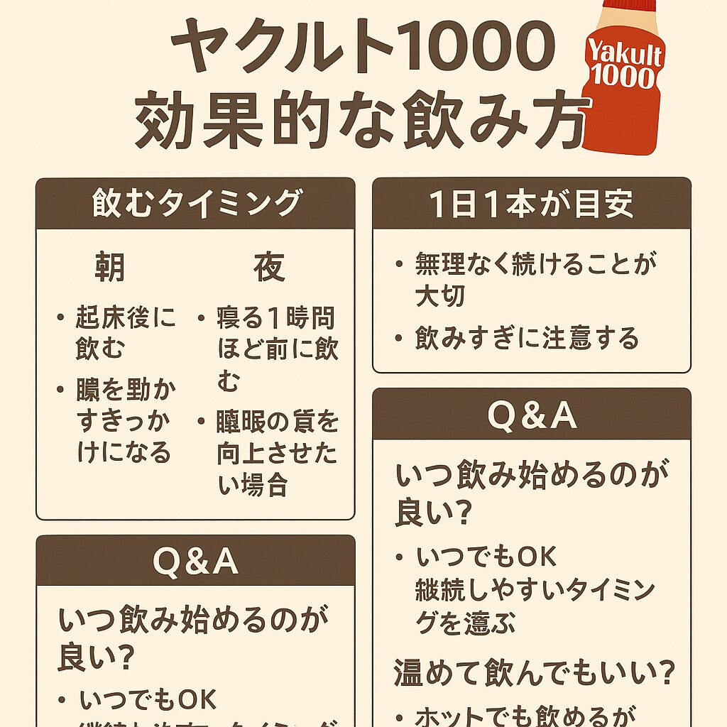 ヤクルト1000の効果的な飲み方を解説するインフォグラフィック。朝と夜の飲むタイミング、1日1本の目安、Q&Aなどを図解でわかりやすくまとめている。