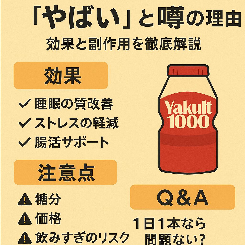 クルト1000の効果と注意点をまとめた日本語インフォグラフィック。効果は「睡眠の質改善」「ストレス軽減」「腸活サポート」、注意点は「糖分・価格・飲みすぎのリスク」。右側にヤクルト1000のイラスト入り。