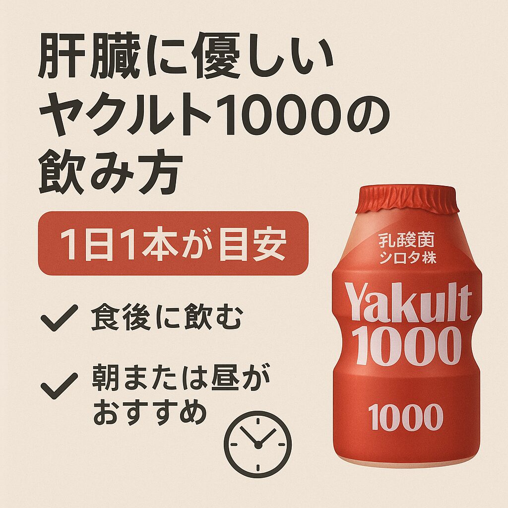 ヤクルト1000を肝臓に優しく飲むための工夫をまとめたインフォグラフィック。「1日1本が目安」「食後に飲む」「朝または昼がおすすめ」といったポイントが示されている。