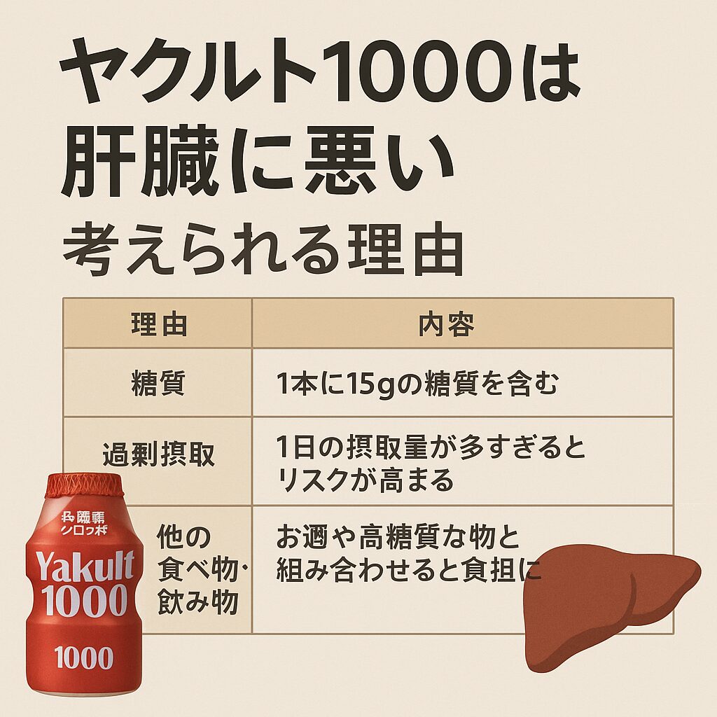 ヤクルト1000が肝臓に悪いと考えられる理由を表形式でまとめたインフォグラフィック。糖質量、過剰摂取、アルコールや高糖質食品との組み合わせによるリスクが説明されている。