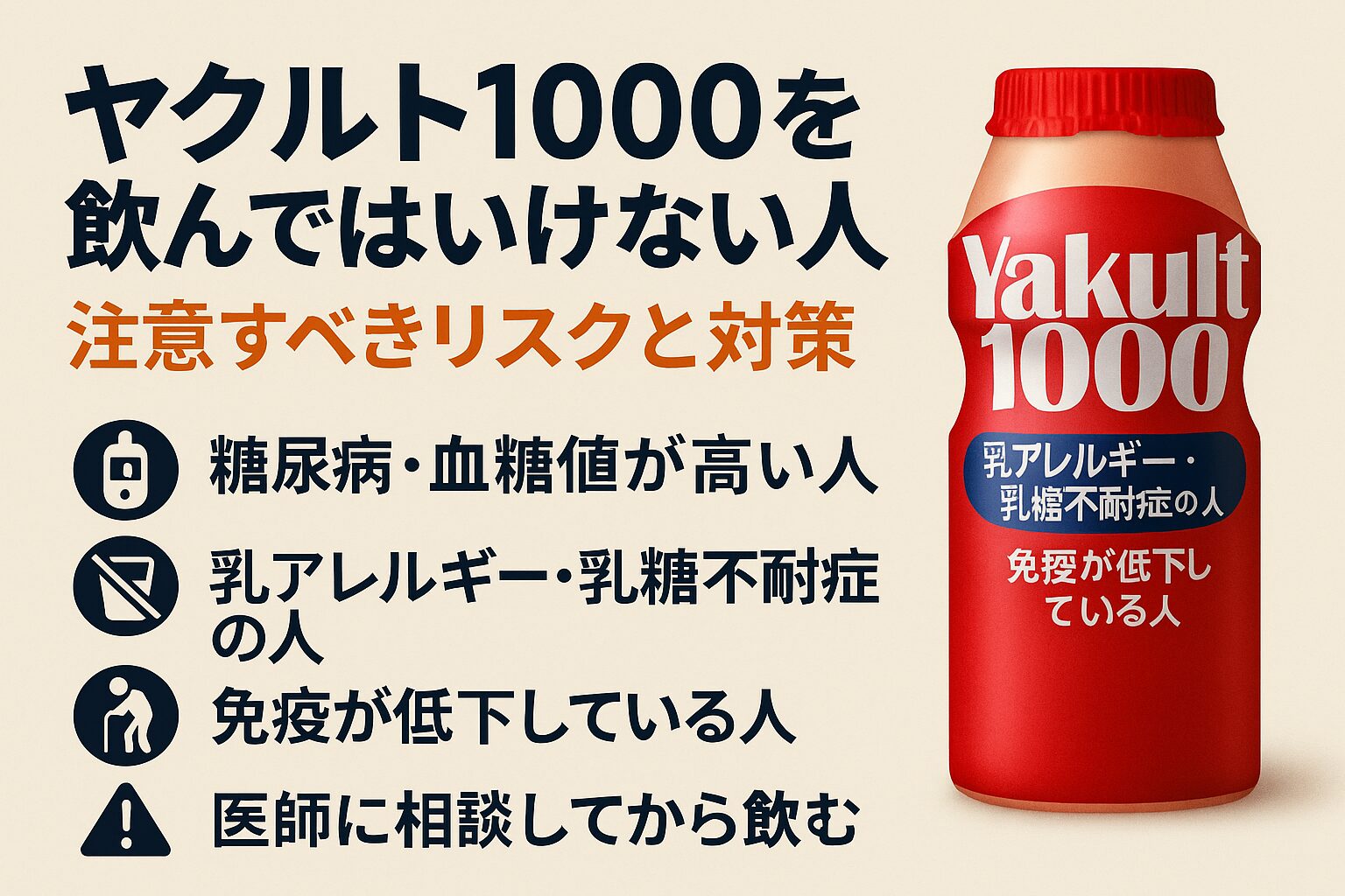ヤクルト1000を飲んではいけない人を説明する日本語インフォグラフィック。糖尿病・血糖値が高い人、乳アレルギー・乳糖不耐症の人、免疫が低下している人などが注意対象と記載されている。