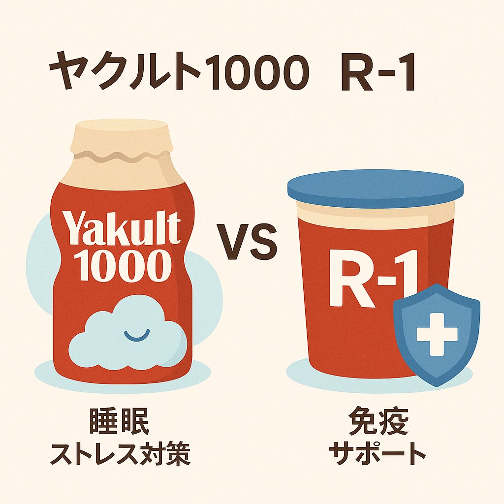 ヤクルト1000とR-1を左右に配置し、それぞれの特徴を「睡眠・ストレス対策」「免疫サポート」と表現した比較イラスト。両製品の違いを視覚的に理解しやすく示している。