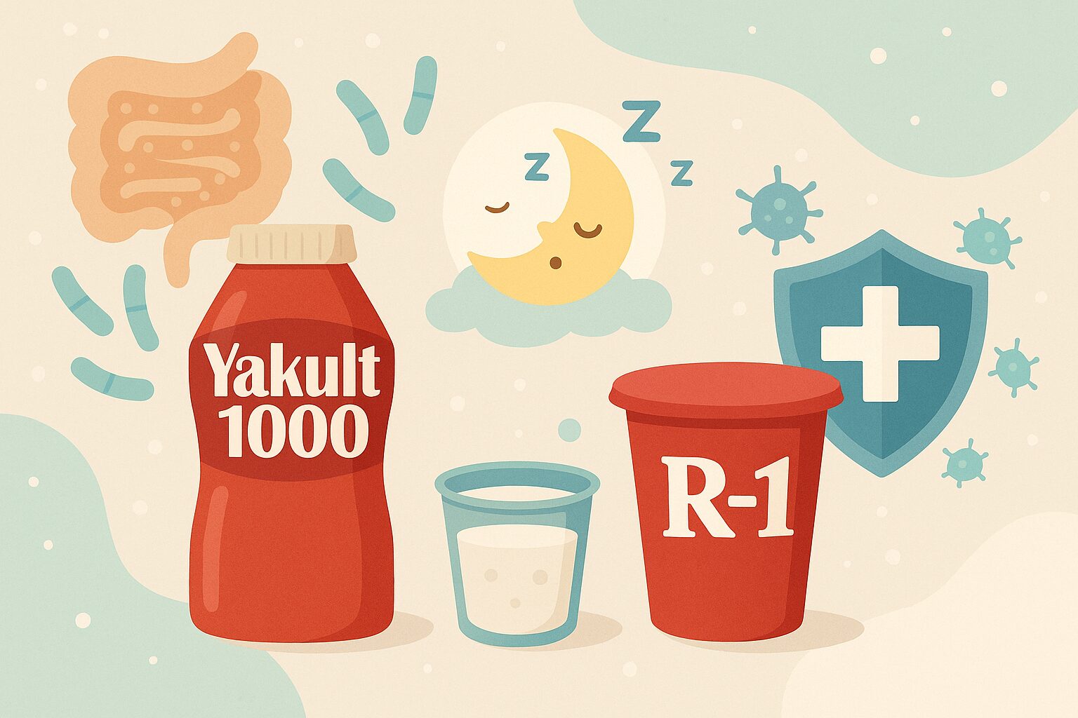 ヤクルト1000とR-1を比較する健康イメージイラスト。乳酸菌飲料の特徴を腸・睡眠・免疫のモチーフで表現し、違いをわかりやすく示したビジュアル。