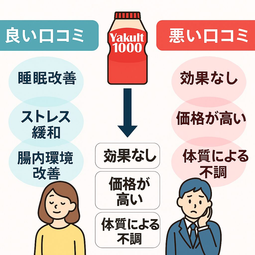ヤクルト1000の良い口コミと悪い口コミを比較した図。左には「睡眠改善」「ストレス緩和」「腸内環境改善」が並び、右には「効果なし」「価格が高い」「体質による不調」が表示され、男女のイラスト付きで対比されている。