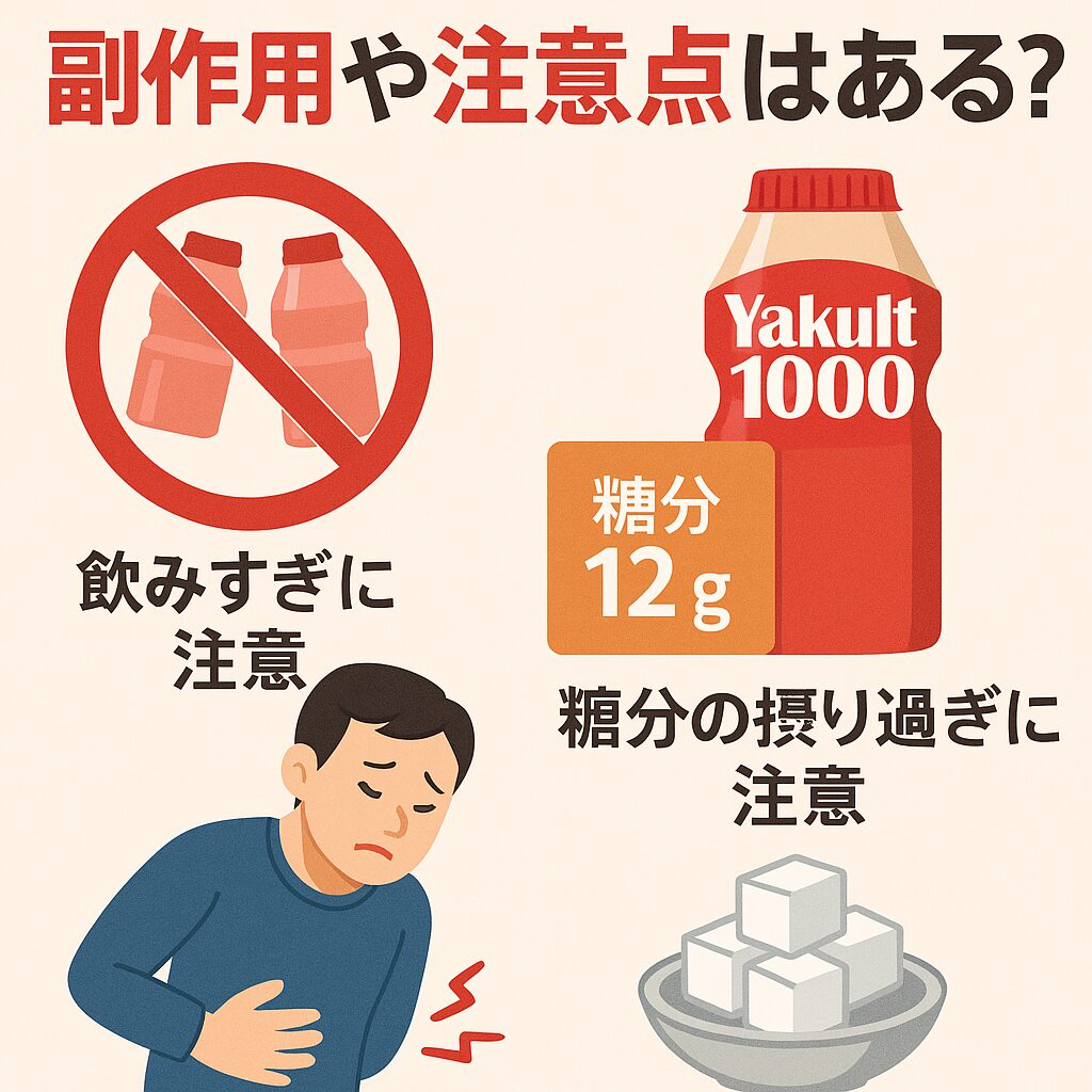 ヤクルト1000の副作用や注意点を解説する日本語インフォグラフィック。「飲みすぎに注意」「糖分12g」「糖分の摂り過ぎに注意」と表示され、腹痛のイラストや砂糖のイラストを添えて警告を表現。