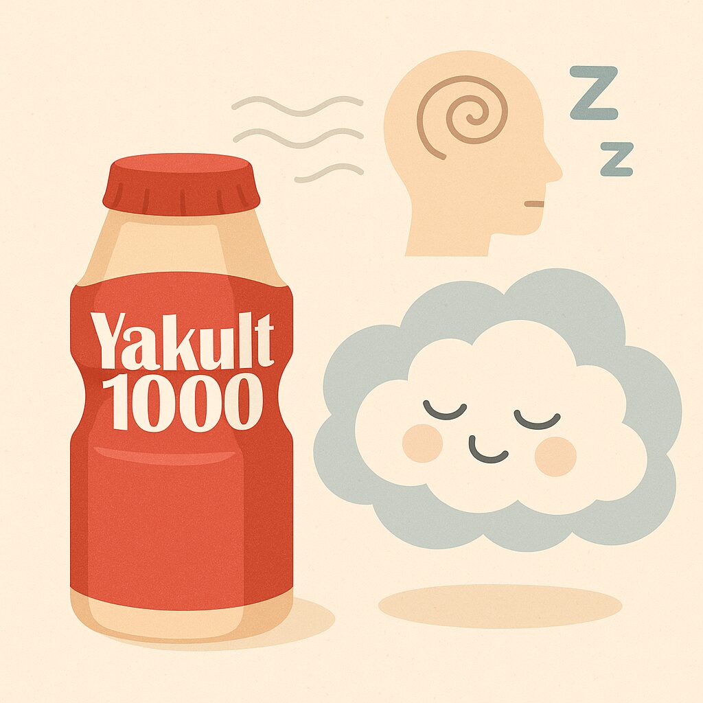 ヤクルト1000のボトルと睡眠・ストレス対策を表現したイラスト。雲と眠るアイコンを組み合わせ、乳酸菌飲料がリラックスや睡眠改善に役立つイメージを伝える。