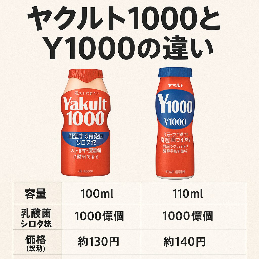 ヤクルト1000とY1000の容量・乳酸菌シロタ株の数・価格を比較した表付きの画像。ヤクルト1000は宅配型100ml、Y1000は店頭販売110mlで、価格にやや差がある。