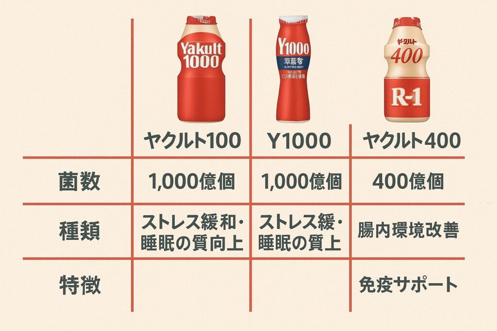 ヤクルト1000・Y1000・ヤクルト400・R-1を比較する表。菌数や特徴を視覚的に整理した図解