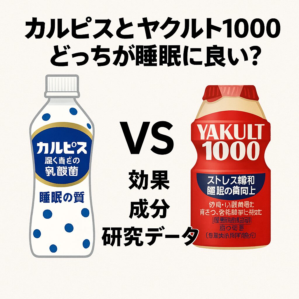 カルピスとヤクルト1000を比較し、睡眠の質への効果・成分・研究データの違いをわかりやすく示した図。快眠を目指す人の参考向け。