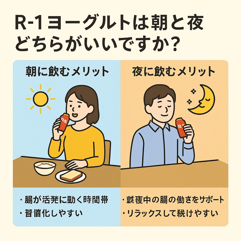 R-1ヨーグルトを朝と夜どちらで飲むかを比較した図解。朝は腸が活発な時間帯で習慣化しやすい、夜は就寝中の腸の働きを支えリラックスして続けやすい点を整理。