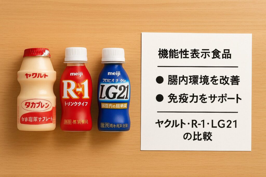 ヤクルト・R-1・LG21の3本の乳酸菌飲料が木製のテーブルに並び、右側には「腸内環境を改善」「免疫力をサポート」と記された比較メモが置かれている。乳酸菌飲料の効果比較を視覚的に表現した写真。