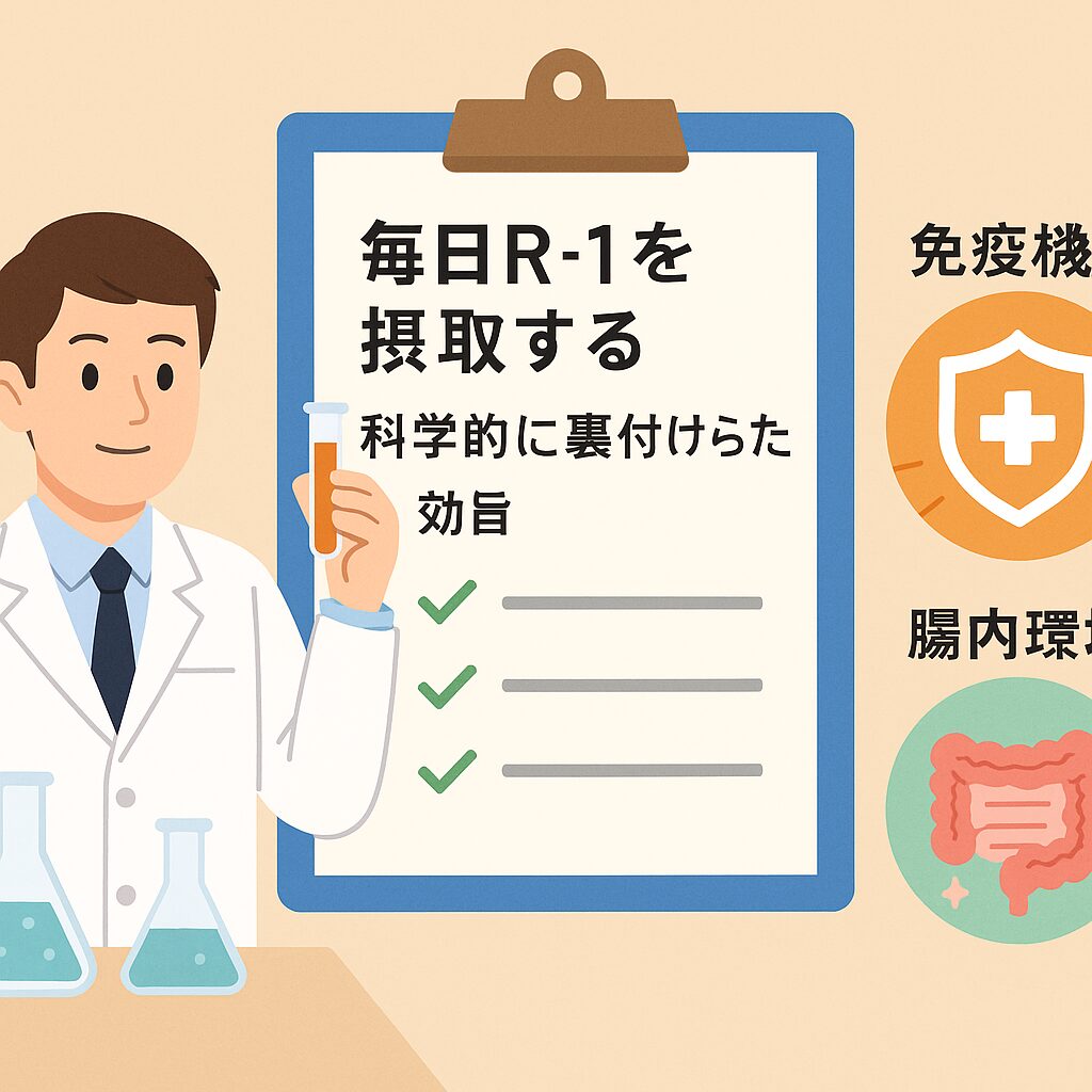 R-1を毎日飲むことによる腸内環境や免疫機能への科学的効果を研究者が説明する図。乳酸菌の健康効果をわかりやすく可視化。