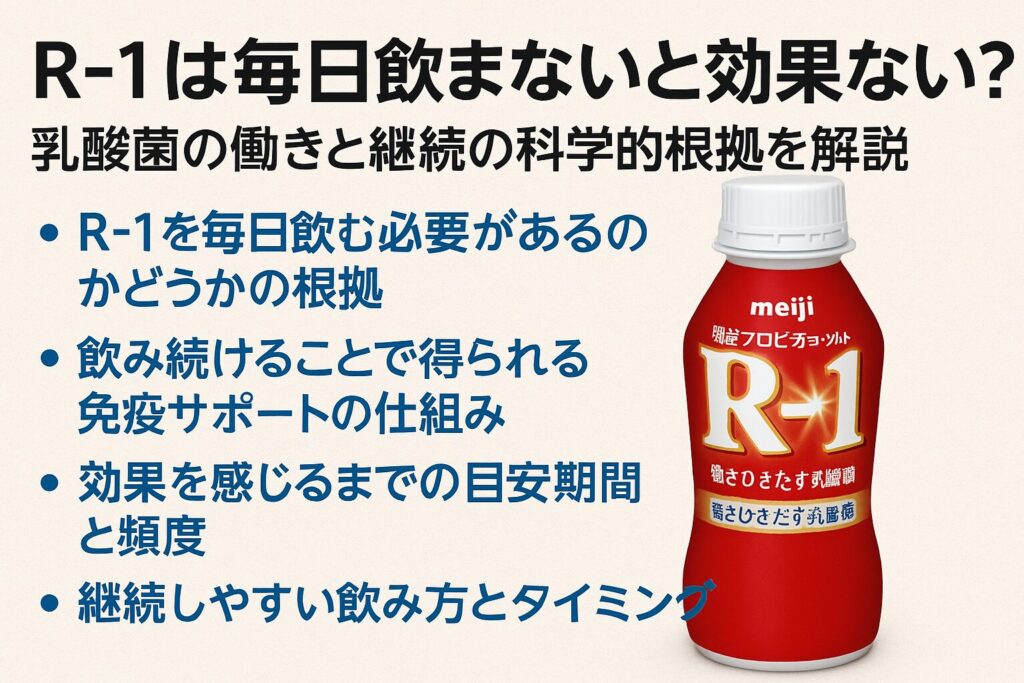 R-1は毎日飲まないと効果ない？乳酸菌の働きと継続の科学的根拠を解説する記事のアイキャッチ。免疫サポートや飲み方のポイントを整理。