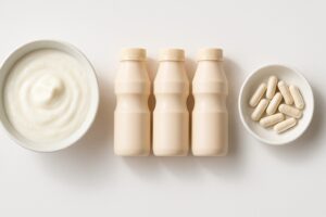 乳酸菌の一日摂取量の目安を表現するため、ヨーグルト・乳酸菌飲料・サプリメントが並ぶ、腸活をイメージした清潔感のある構図。摂取量の理解を助けるイメージ