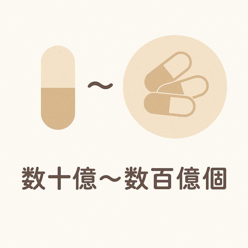 サプリメント1粒に含まれる乳酸菌数（数十億〜数百億個）をイメージ化した図。食品との併用を理解しやすくする目的の解説イラスト。