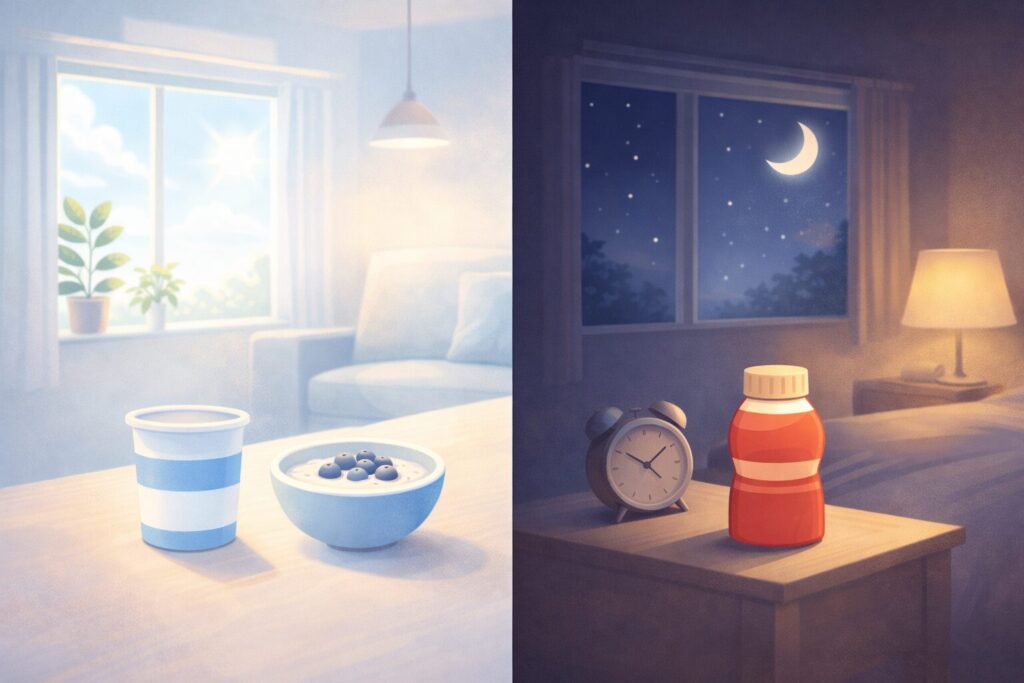 朝と夜の生活シーンに合わせて乳酸菌食品を取り入れる様子を表現したイメージ