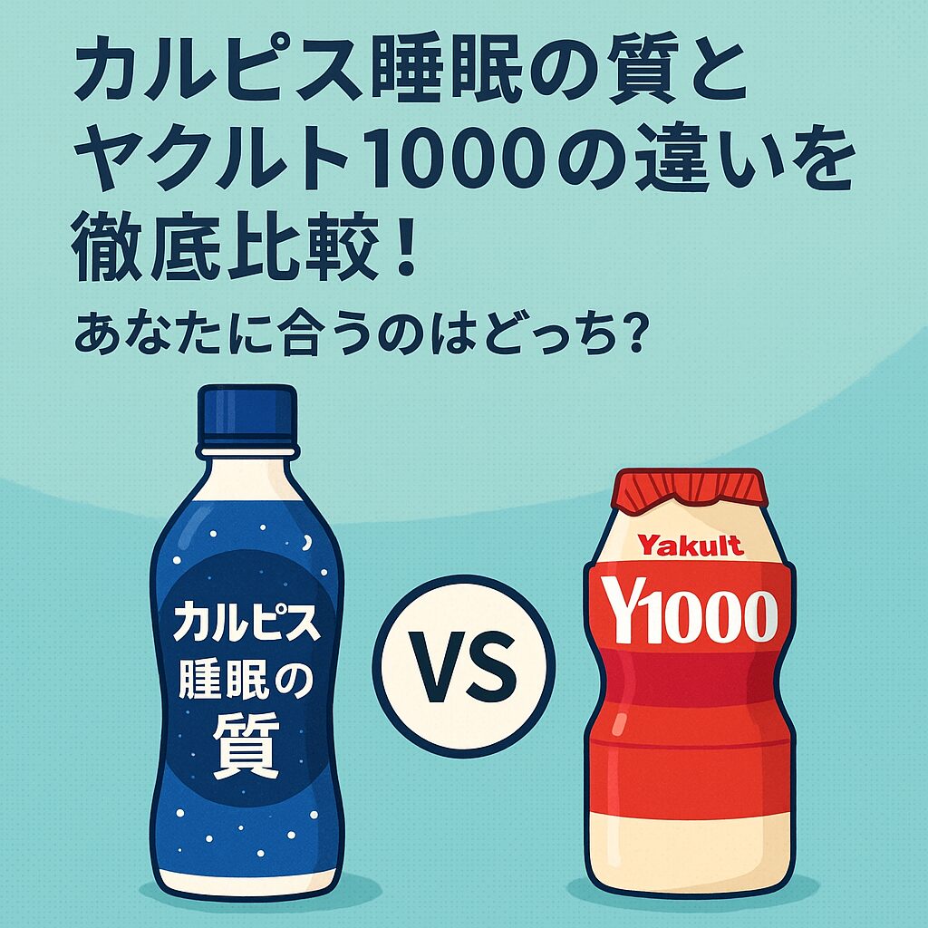 カルピス睡眠の質とヤクルト1000を並べて比較し、睡眠サポートの考え方の違いをイメージした図解イラスト