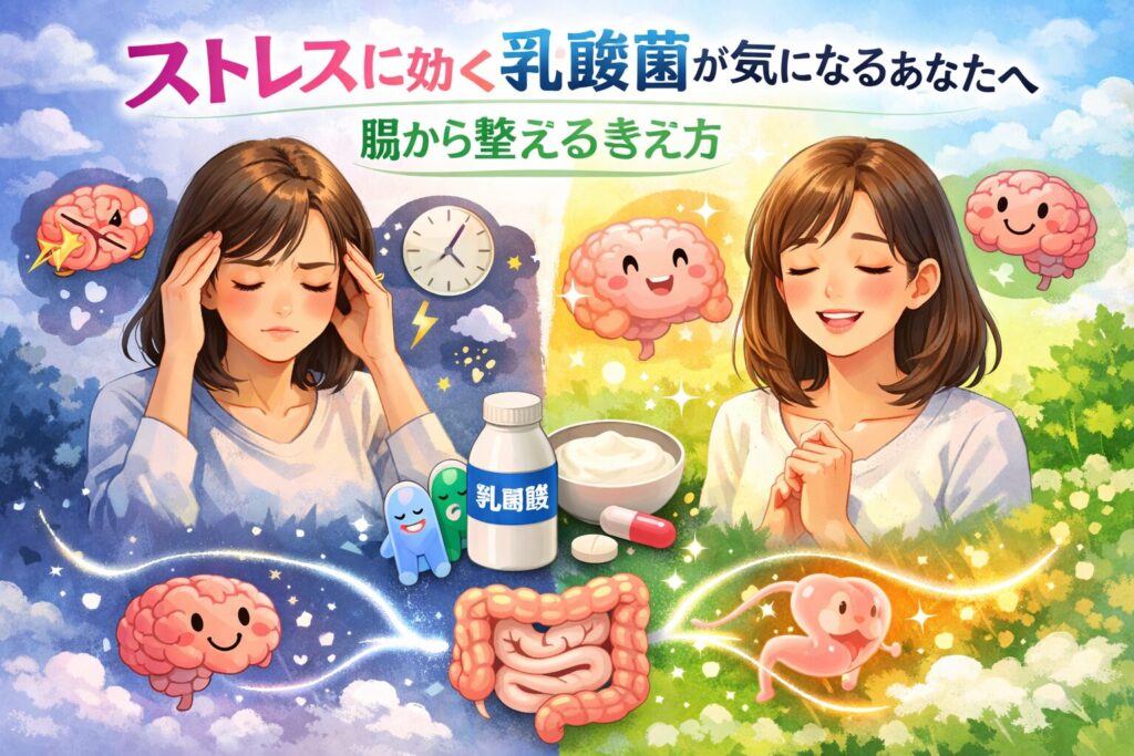 ストレスを感じる状態と腸内環境を整える考え方を、脳と腸の関係としてやさしく表現したイラスト