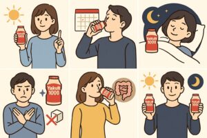 ヤクルト1000を朝と夜で飲むタイミングの違いをやさしくイメージしたイラスト