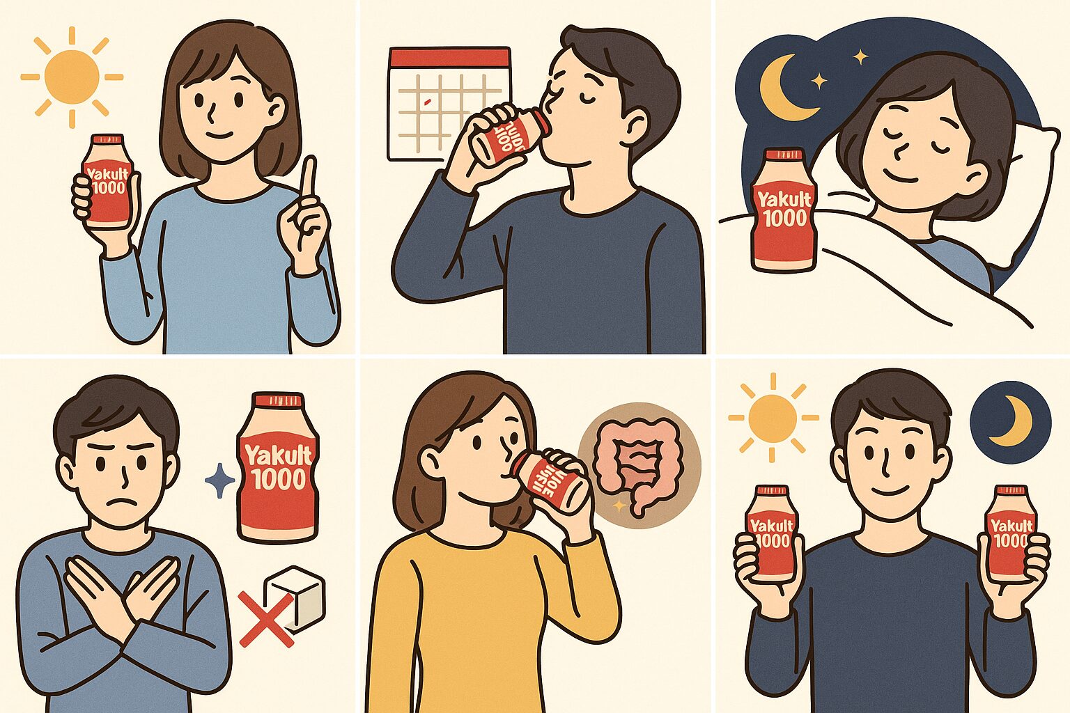 ヤクルト1000を朝と夜で飲むタイミングの違いをやさしくイメージしたイラスト