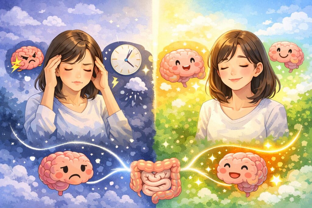 ストレスを感じている状態と腸内環境が整った状態を対比し、心と腸の関係性をやさしく示したイラスト