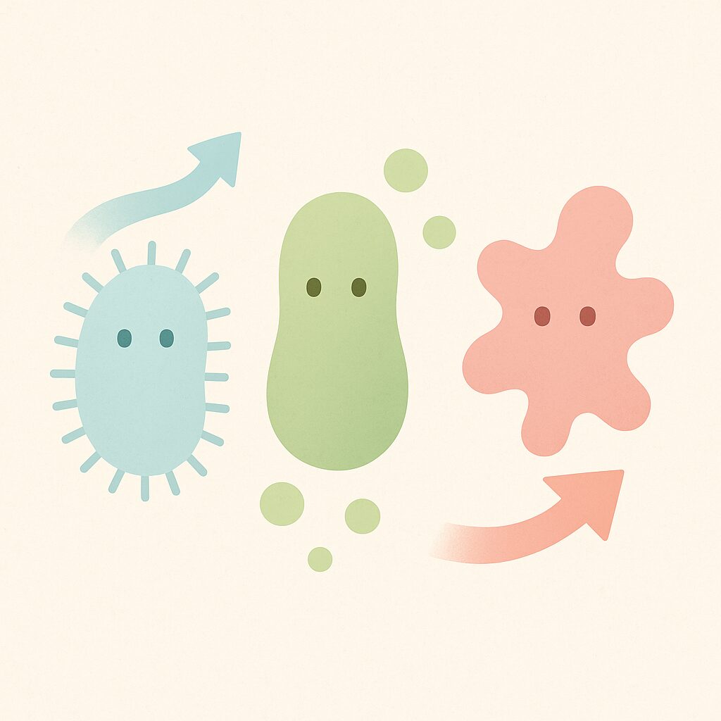 異なる乳酸菌の特徴や働きの方向性の違いを、抽象的にわかりやすく示したイメージ