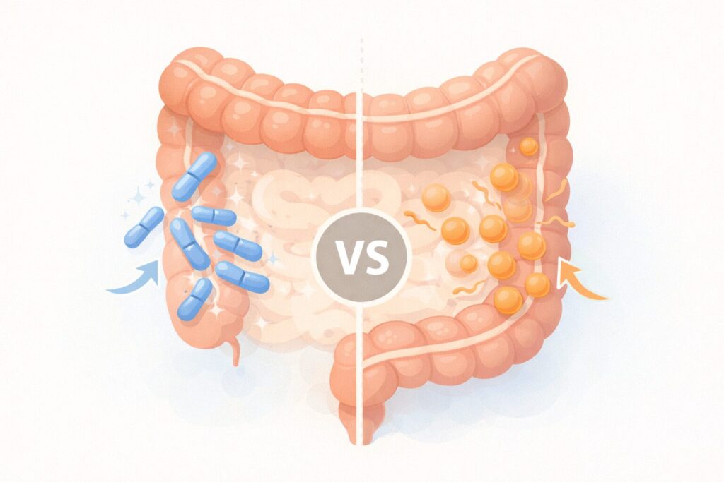 乳酸菌の種類によって腸内での働き方が異なることを、腸と菌の関係でやさしく示した図解イメージ
