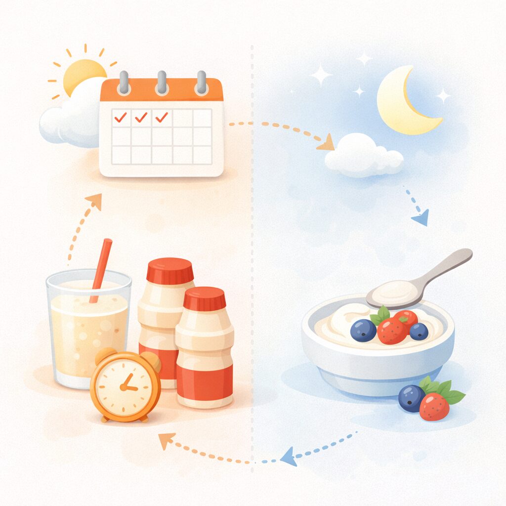 乳酸菌食品を無理なく毎日の生活に取り入れ、継続するイメージを表現したシンプルなイラスト