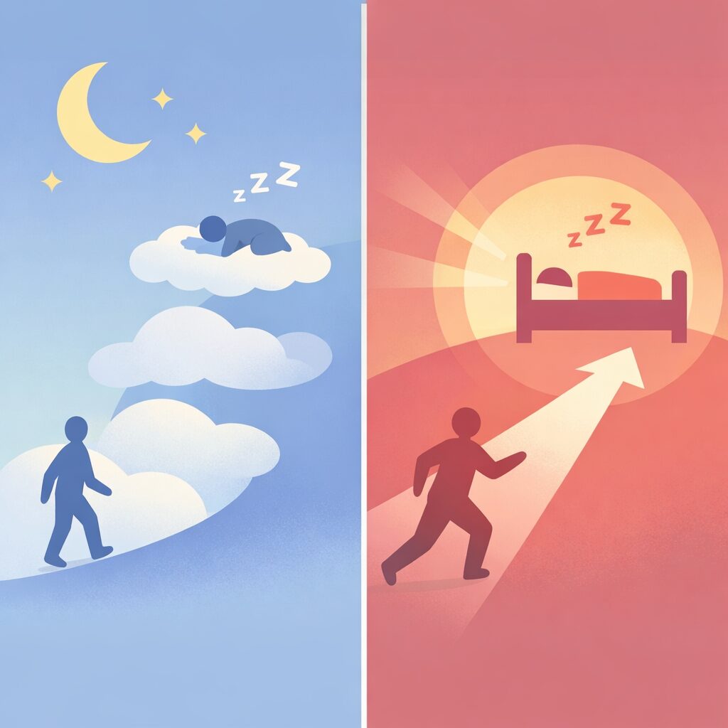 睡眠の質へのアプローチ方法の違いを、穏やかなイメージで表現した抽象的な比較イラスト