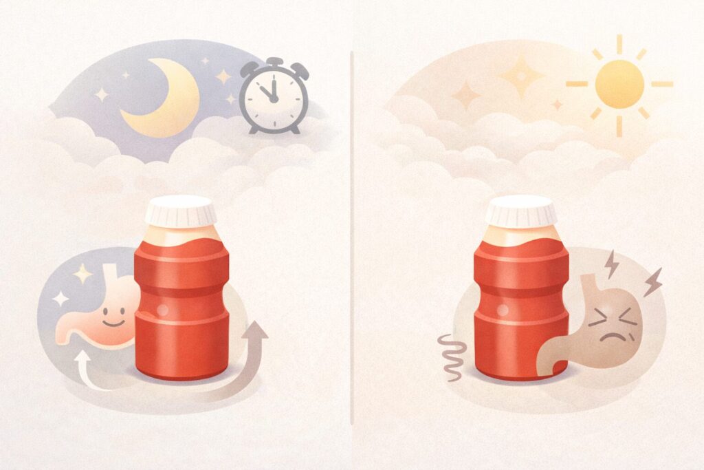 寝る前に飲む際の注意点を、体質や生活リズムの違いとして整理した比較イメージ