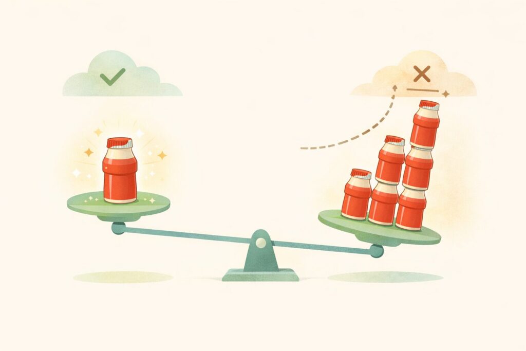 ヤクルト1000は1日1本が基本で、多く飲んでも効果が比例しないことを視覚的に整理したイメージ