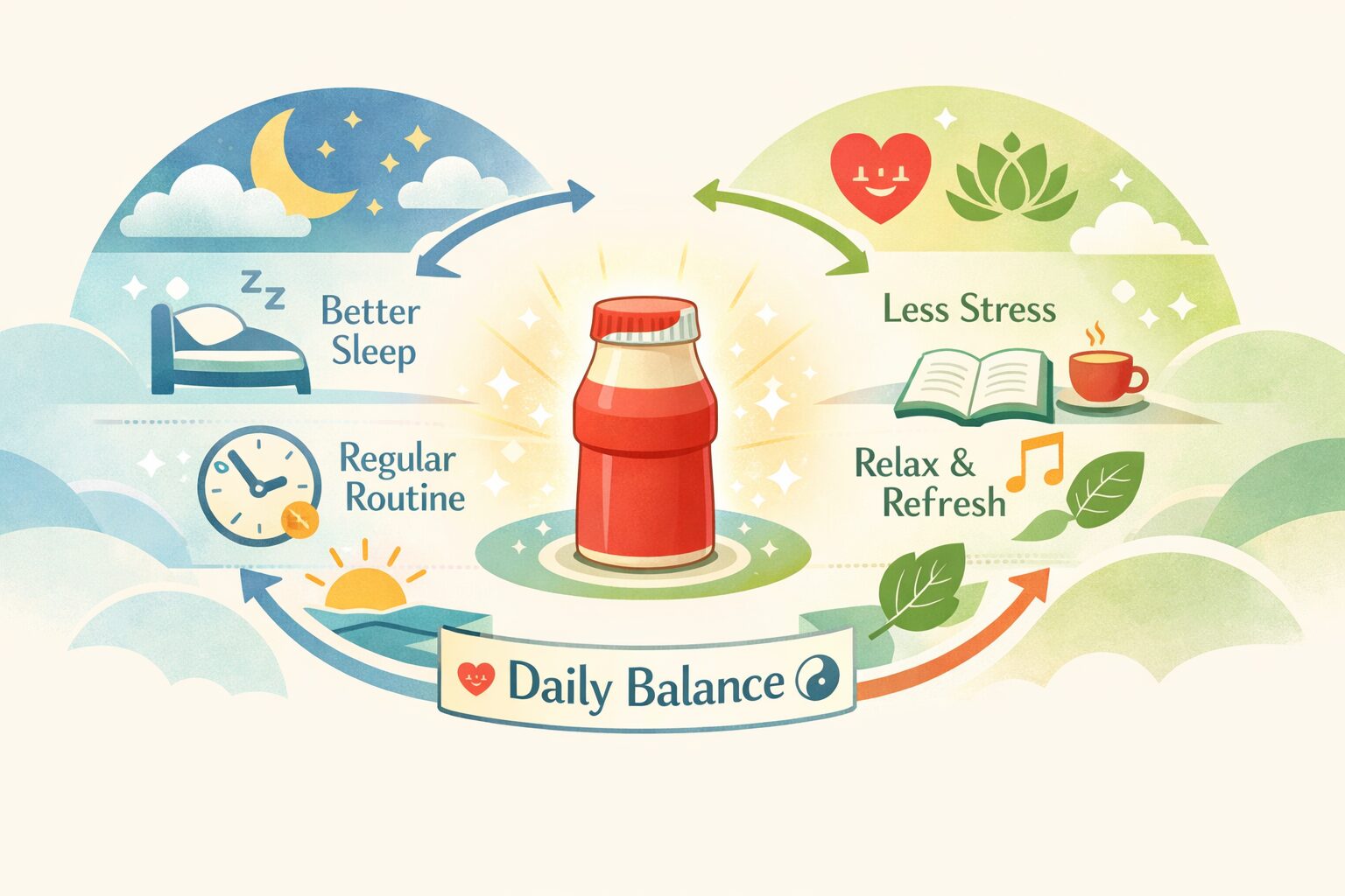 ヤクルト1000を1日1本を目安に取り入れる考え方を、睡眠や生活リズムと結び付けてイメージ化したアイキャッチ画像