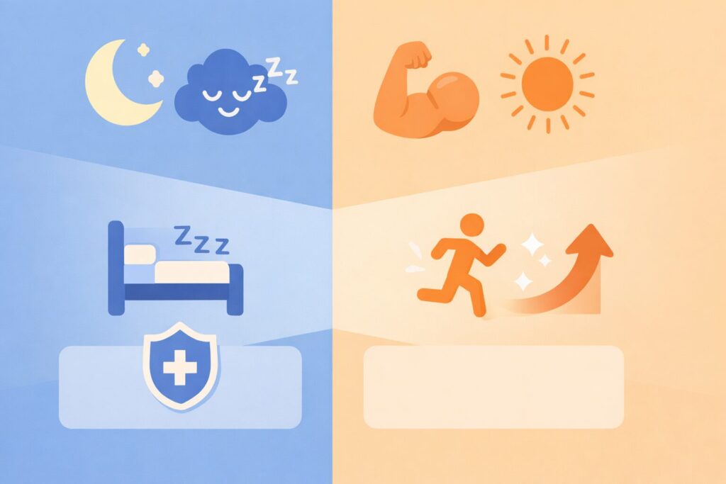 睡眠やストレスを重視する場合と、免疫ケアを重視する場合で選択が分かれる様子を表したビジュアル