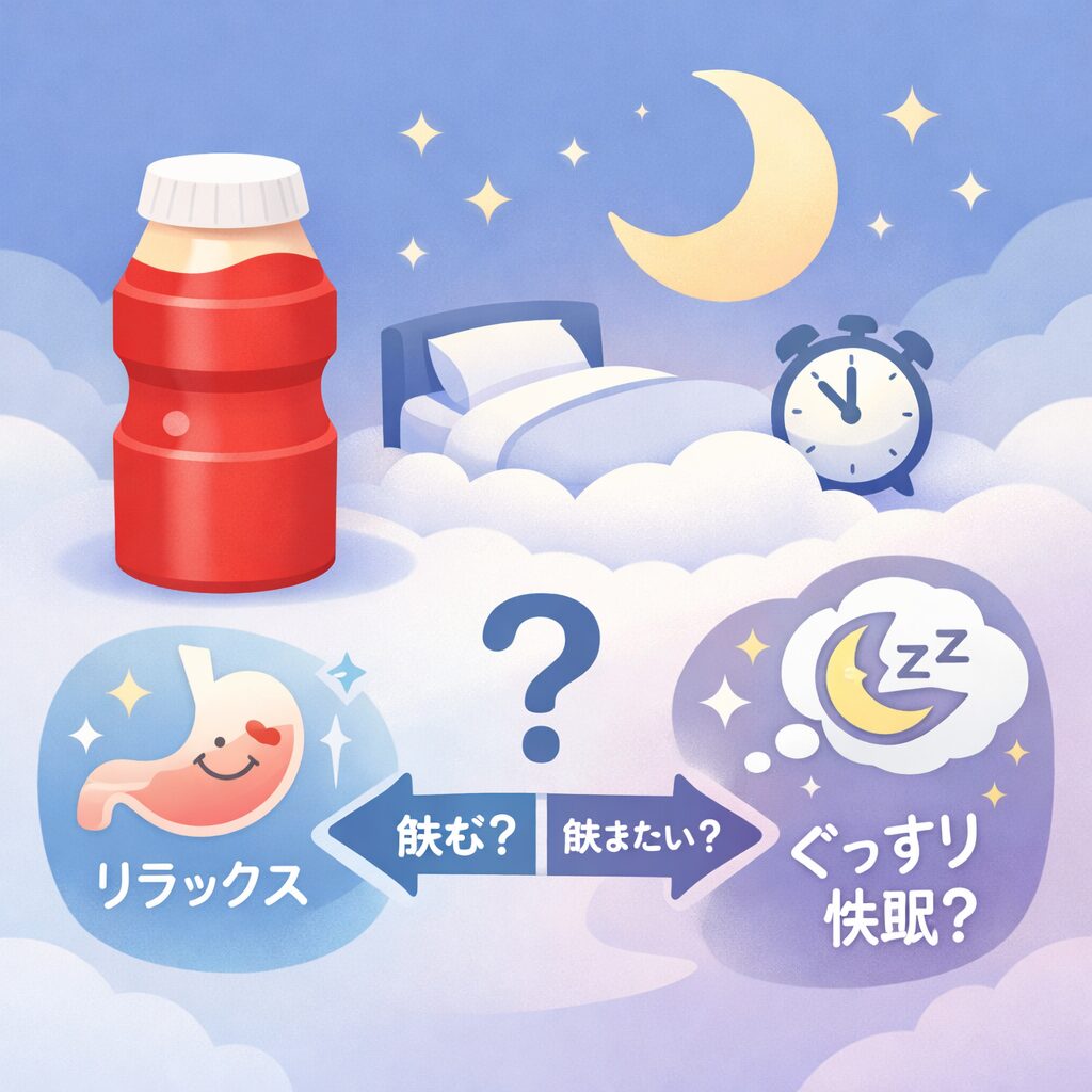 ヤクルト1000と睡眠の関係をイメージ的に表現し、寝る前に飲む判断の考え方が直感的に伝わるビジュアル
