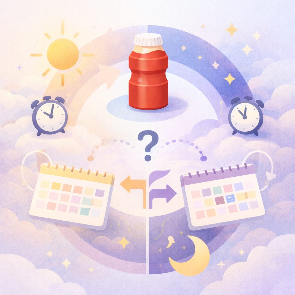 自分の生活リズムに合わせて飲む時間を選ぶ考え方を、柔軟な選択として表現したビジュアル