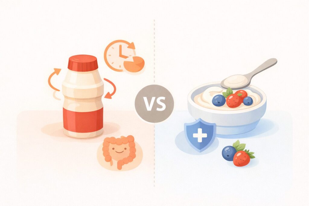 ヤクルトとヨーグルトが便秘対策として比較される理由を、特徴の違いが直感的に分かるビジュアルで表した画像