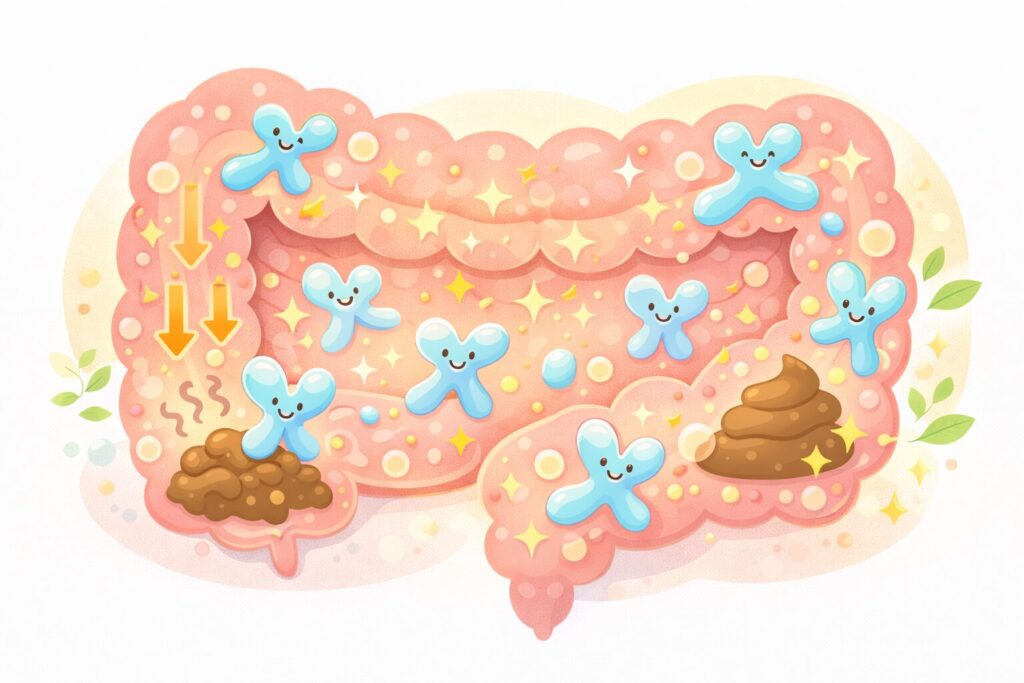 ビフィズス菌が大腸で働く様子をやさしく表現した概念イラスト