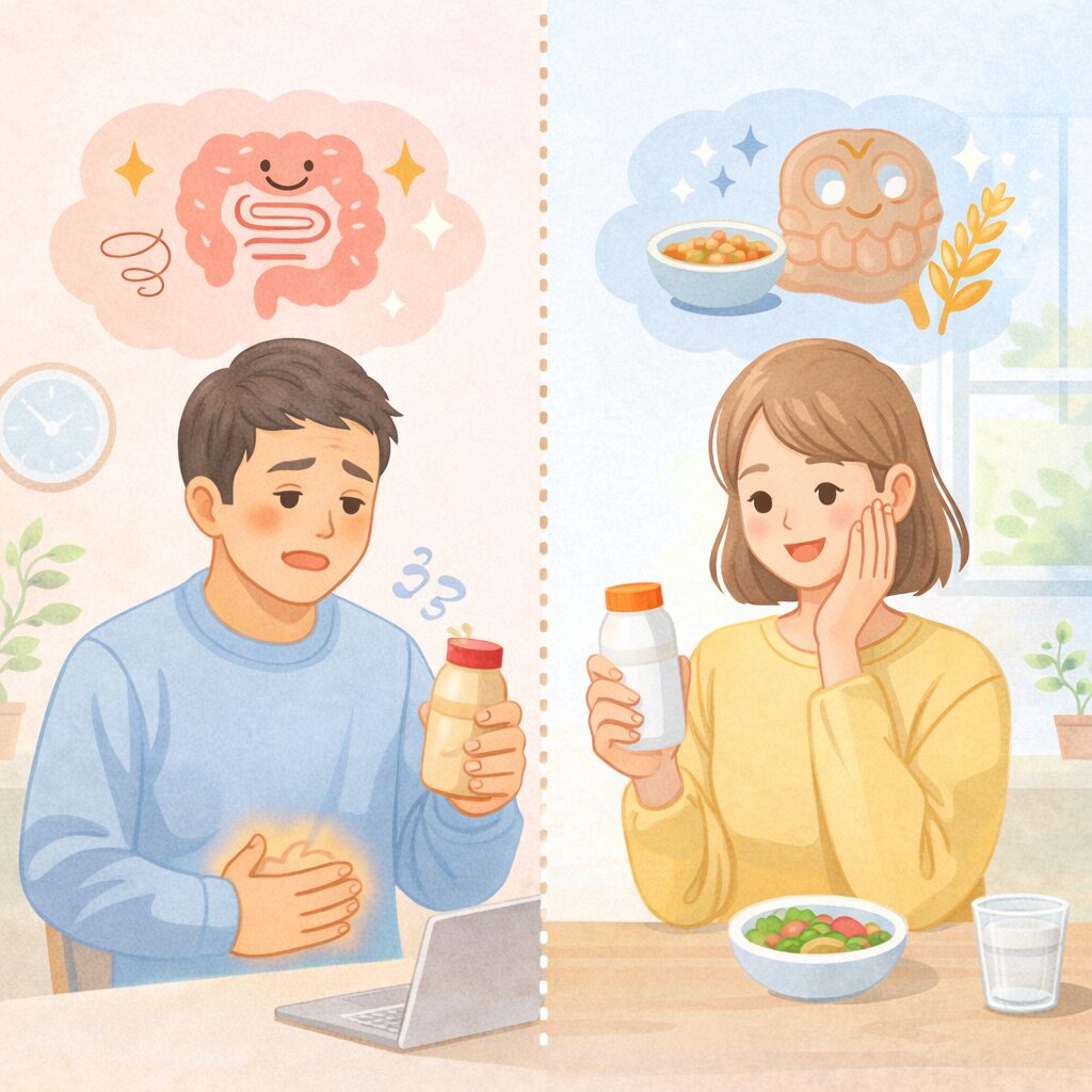 便秘のタイプや目的に合わせて飲み物を選ぶ考え方を、日常シーンで表したイラスト