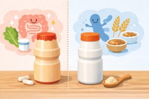 便秘対策としてヤクルトとミルミルの違いを比較検討するイメージを表現した、飲料を並べたやさしいイラスト