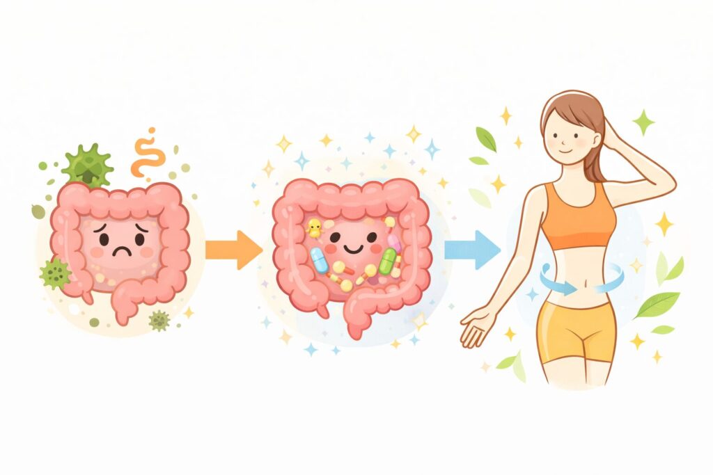 腸内環境が整うことで体がスッキリする流れを視覚的に表現したイメージ