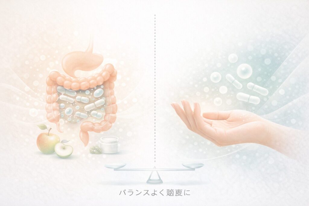 腸内環境と手肌の状態の関係を間接的に表した比較イメージ。体の内側と外側のつながりを穏やかに表現。